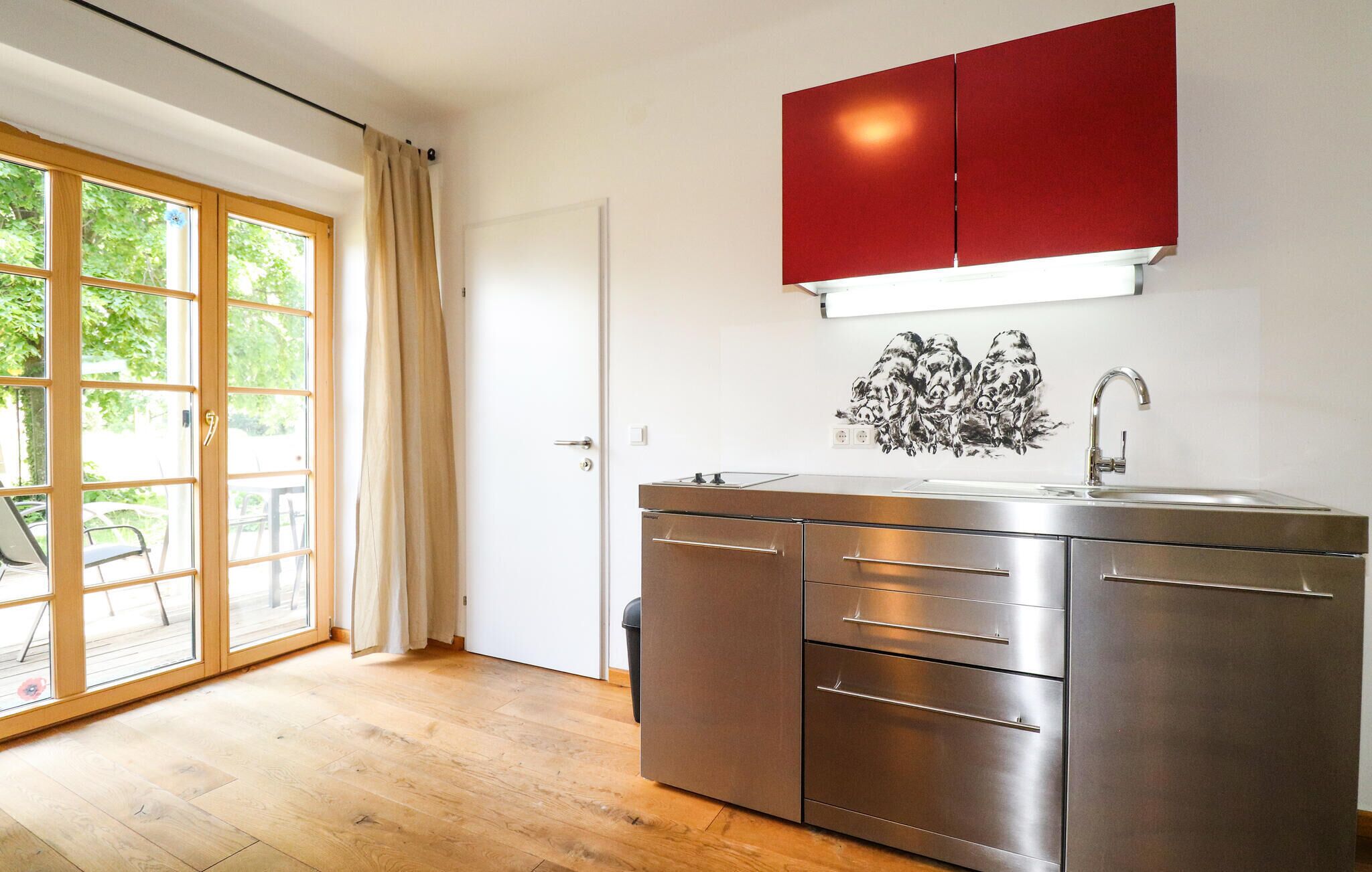 Fridge, stovetop, dishwasher, coffee/tea maker