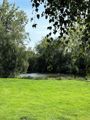 A grassy park with a pond and trees. - Les Rives du Bel Air (Passais-Villages)