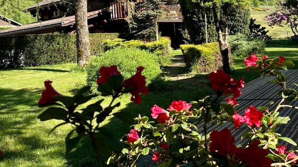 A traditional wooden chalet with a sloped roof, surrounded by lush greenery and a clear blue sky. - Chalet Cosy et Nature avec Grand Jardin & Vue Montagne | Ideal for Family and Friends (Le Ménil)