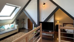 Un dormitorio estilo loft con techo inclinado, televisor, cama y tragaluz.