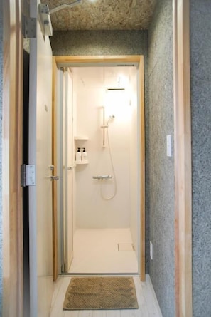Un pasillo estrecho que conduce a una zona de ducha con un marco de puerta de madera, una pequeña alfombra en el suelo y un accesorio de iluminación sobre la ducha.
