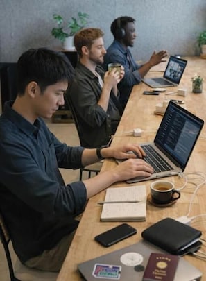 Ryhmä ihmisiä työskentelee puupöydän ääressä, ja heillä on käytössään kannettavat tietokoneet, muistikirjat ja kahvikuppi.