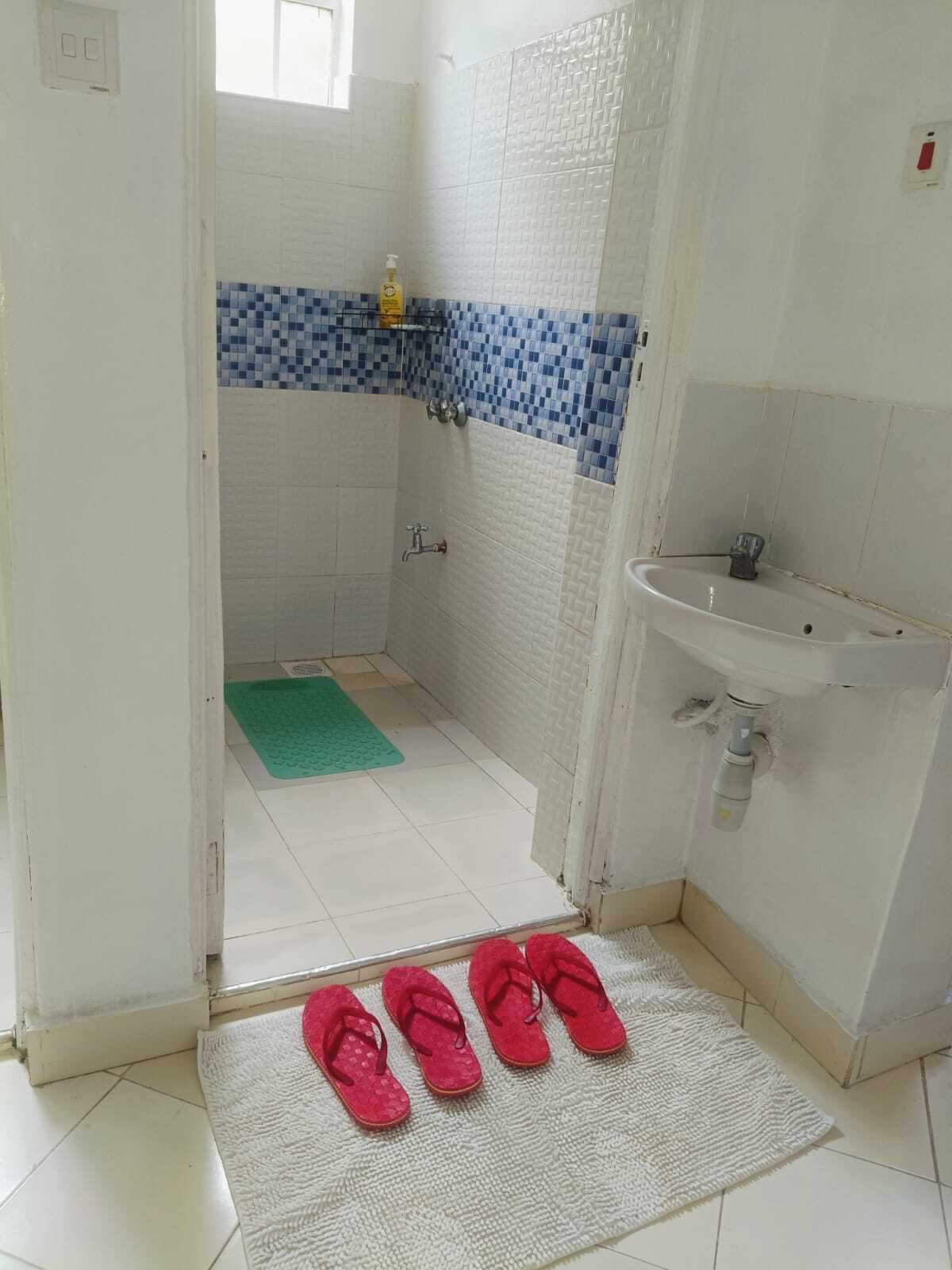 A bathroom with a shower, a sink, and a green mat.