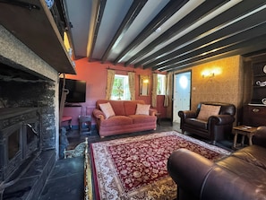 Una sala de estar con chimenea, un sofá, un sillón de cuero y un tapete estampado.