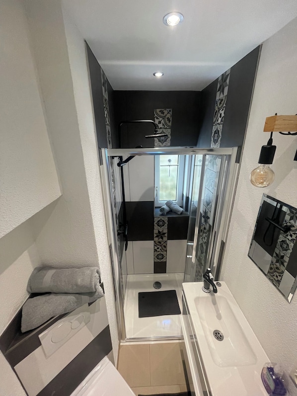 Ein kleines Badezimmer mit Dusche, Waschbecken und Handtuchhalter.
