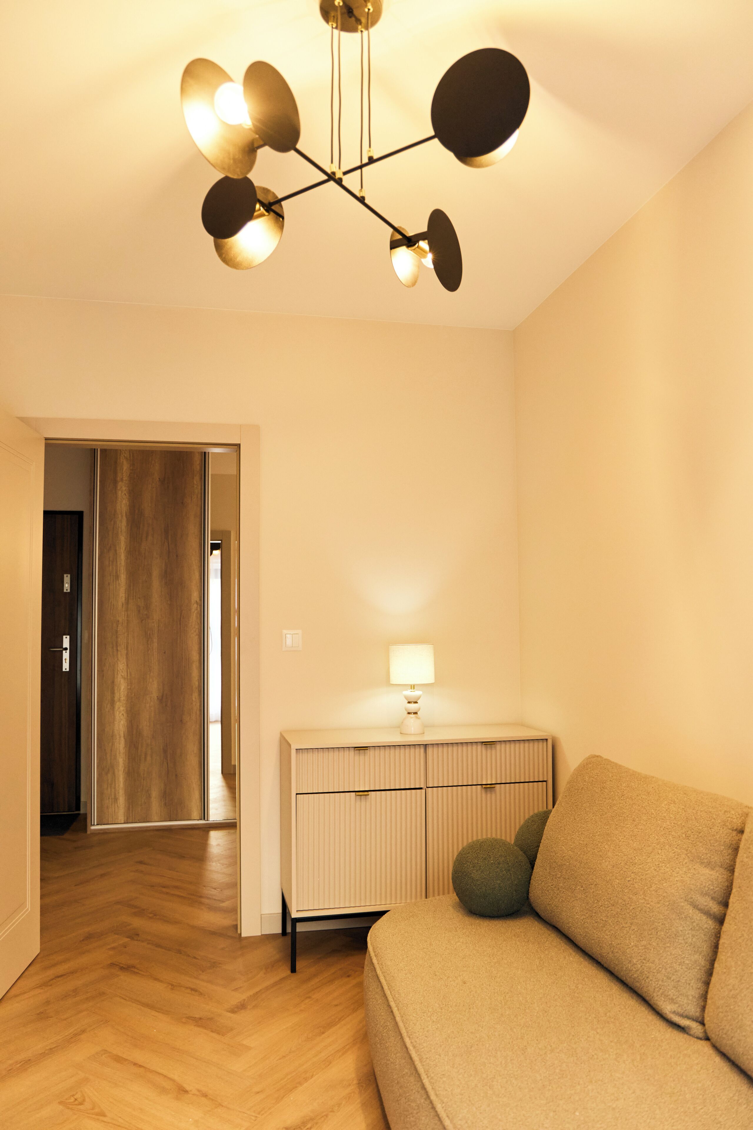 A room with a wooden floor, a sofa, a lamp, and a ceiling light fixture.