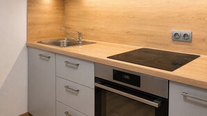 A kitchen with a double sink, a built-in stovetop, and a dishwasher. - Microbyty & Apartments  (Ústecký kraj)