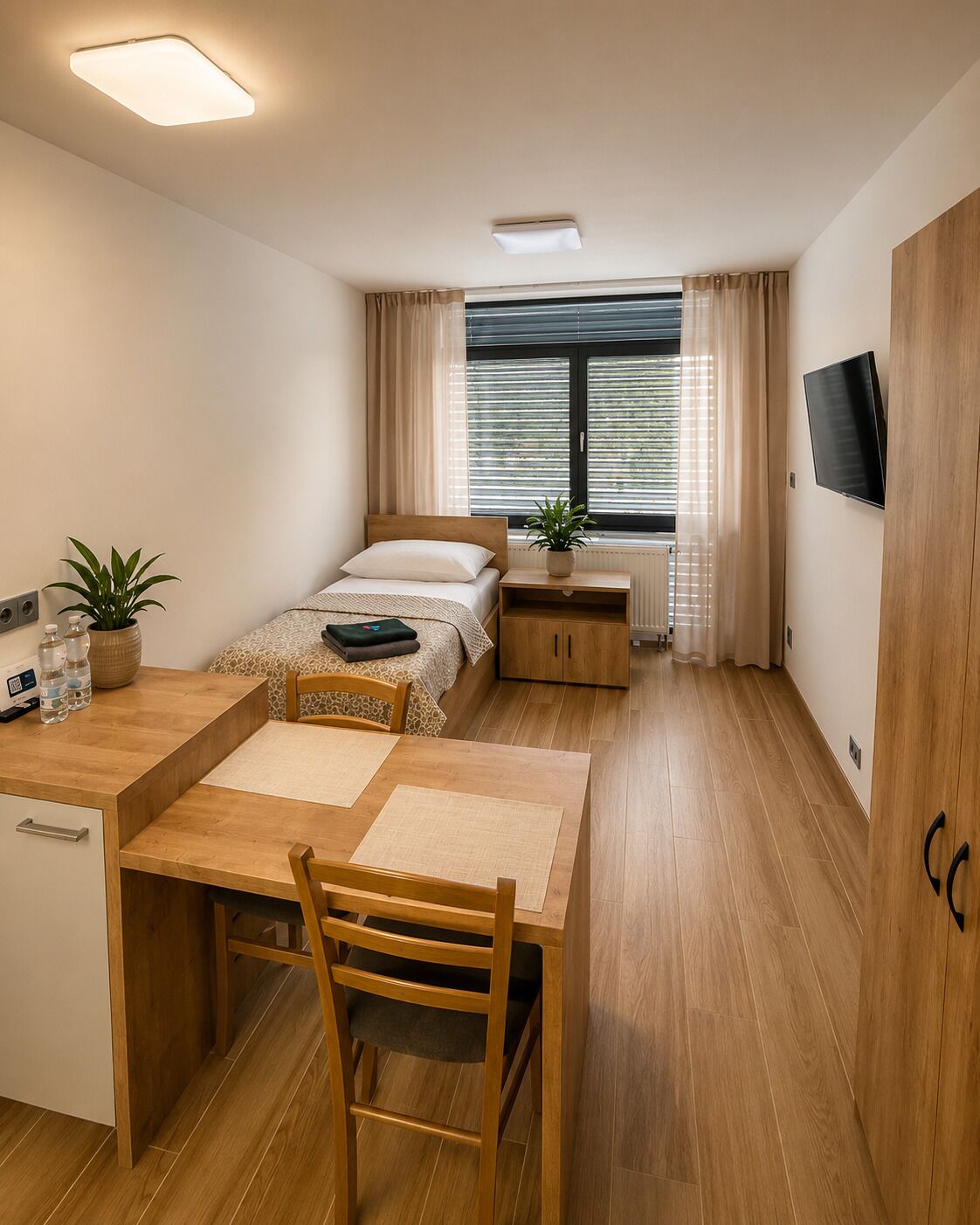 Een kleine hotelkamer met een bed, nachtkastje, bureau, stoel, televisie en een raam met gordijnen.