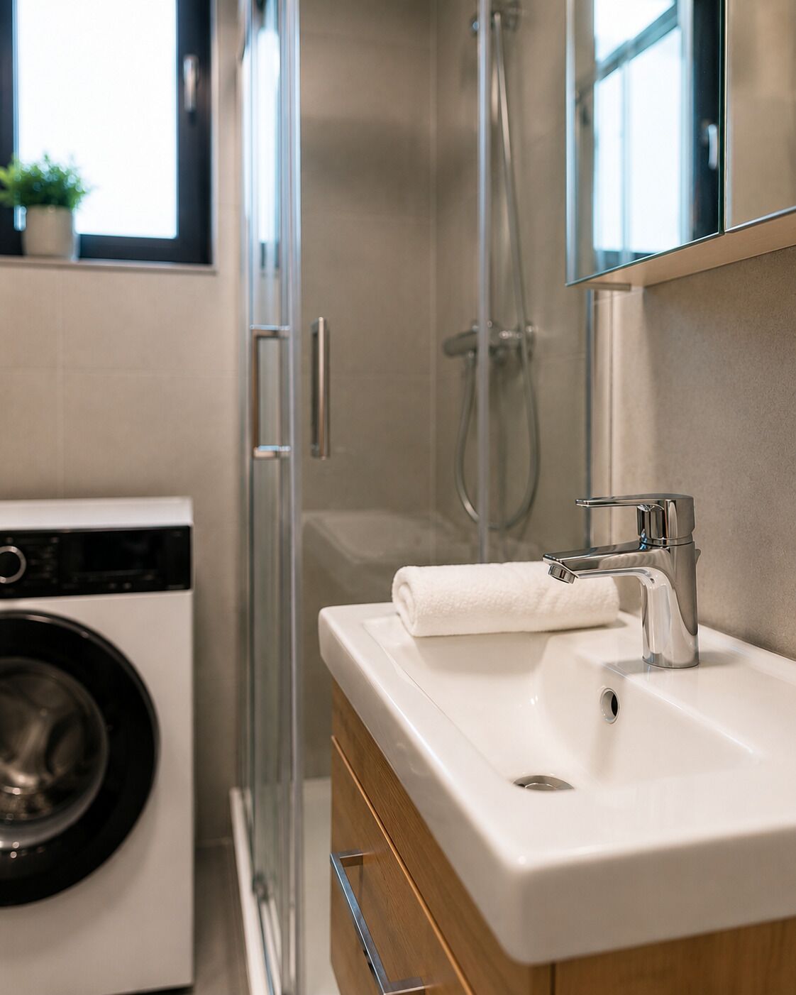 Un baño moderno con cabina de ducha de vidrio, un lavabo blanco con grifo cromado y una lavadora.