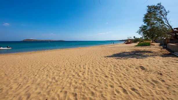 A sandy beach with a clear blue sky, a boat in the water, and a tree on the right. - Paros Golden Beach flats Casa Costa Azor - 33m from beach, sleeps 6 (3BDR 2BA) (Paros)