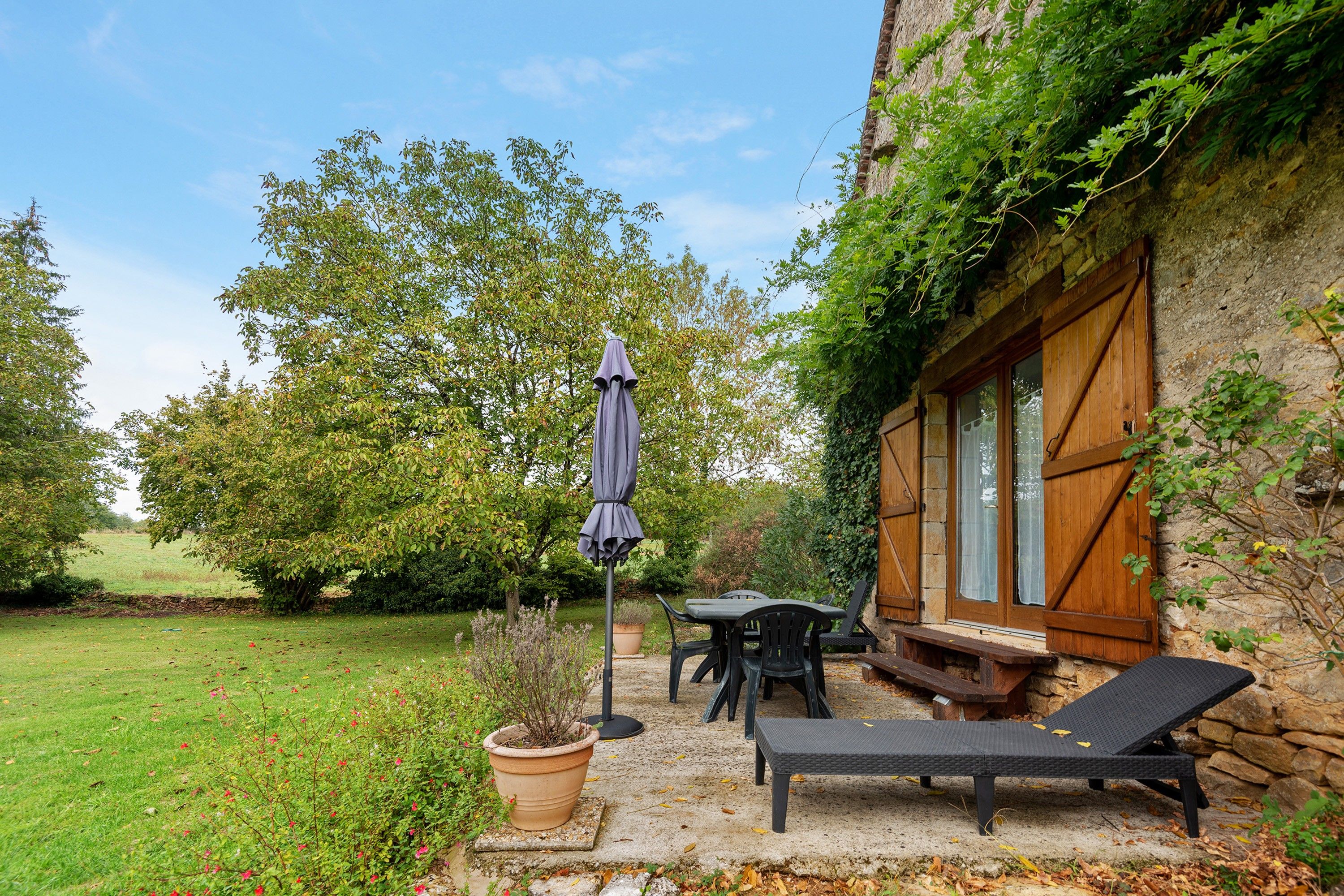 An outdoor patio with a table and chairs, a potted plant, and a wooden building with windows.