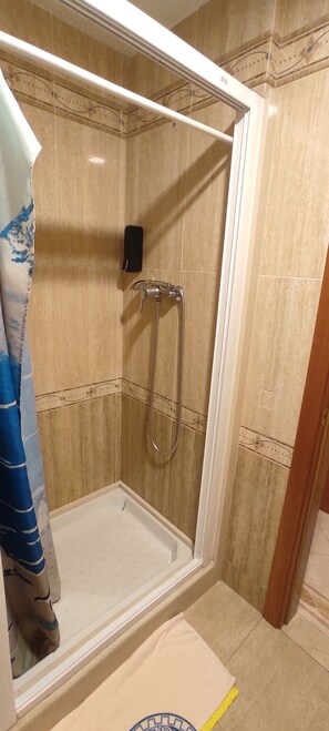 Eine Dusche mit Glastür, Handbrause und Handtuchhalter.
