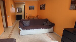Habitació amb sofà, taula de dinar, cadires, rentadora i televisió.
