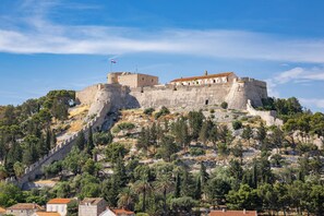 Une forteresse historique en pierre, surmontée d’un drapeau, entourée d’arbres et de bâtiments.