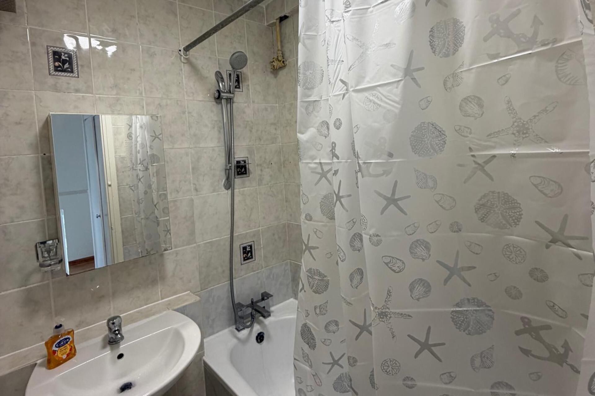 Un bany amb dutxa, un lavabo i un mirall.