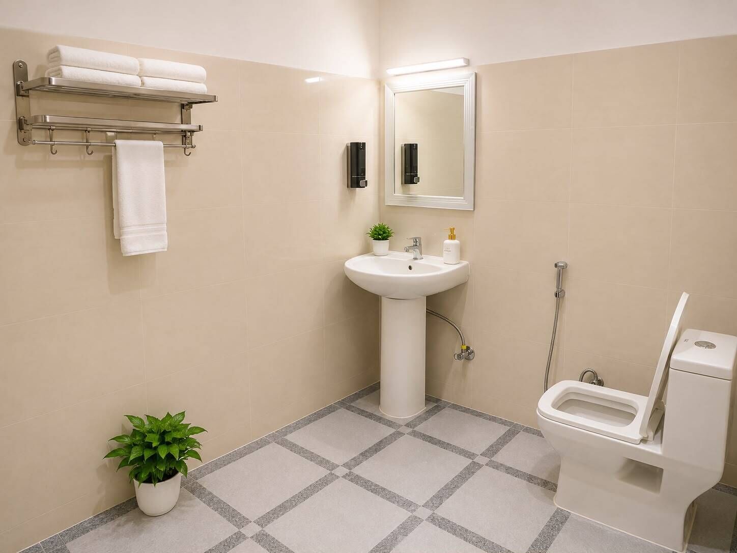Un baño con lavamanos, espejo, toallero, inodoro y planta en maceta.