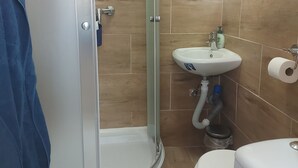 Une salle de bain avec une douche à parois de verre, un lavabo blanc, des toilettes et un miroir.