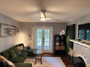 Un salon avec un canapé vert, une table basse en verre, un ventilateur de plafond, un téléviseur et une bibliothèque.