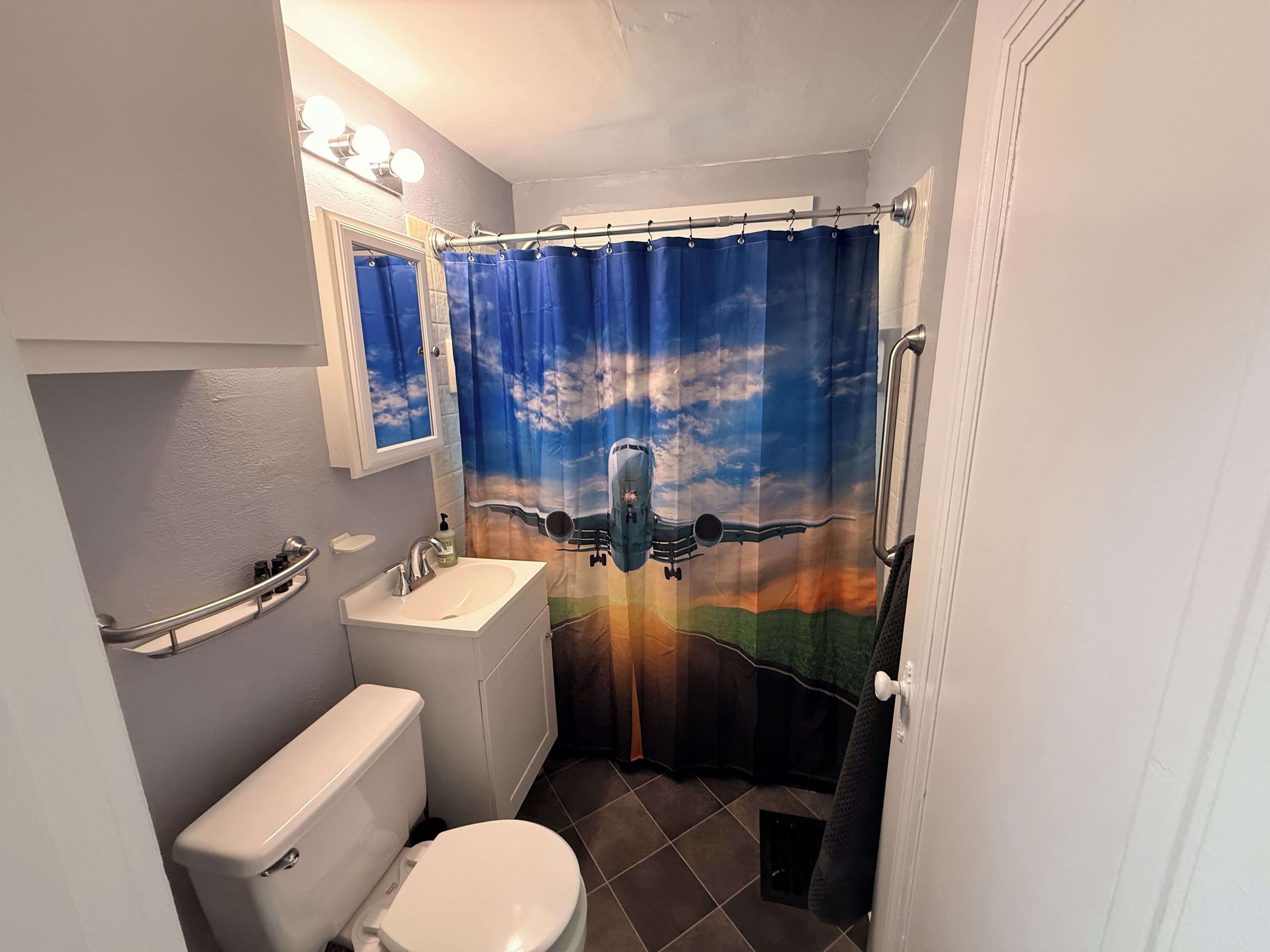 Hair dryer, towels, soap, shampoo