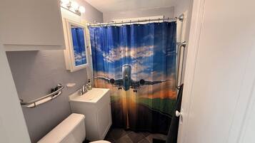 Hair dryer, towels, soap, shampoo