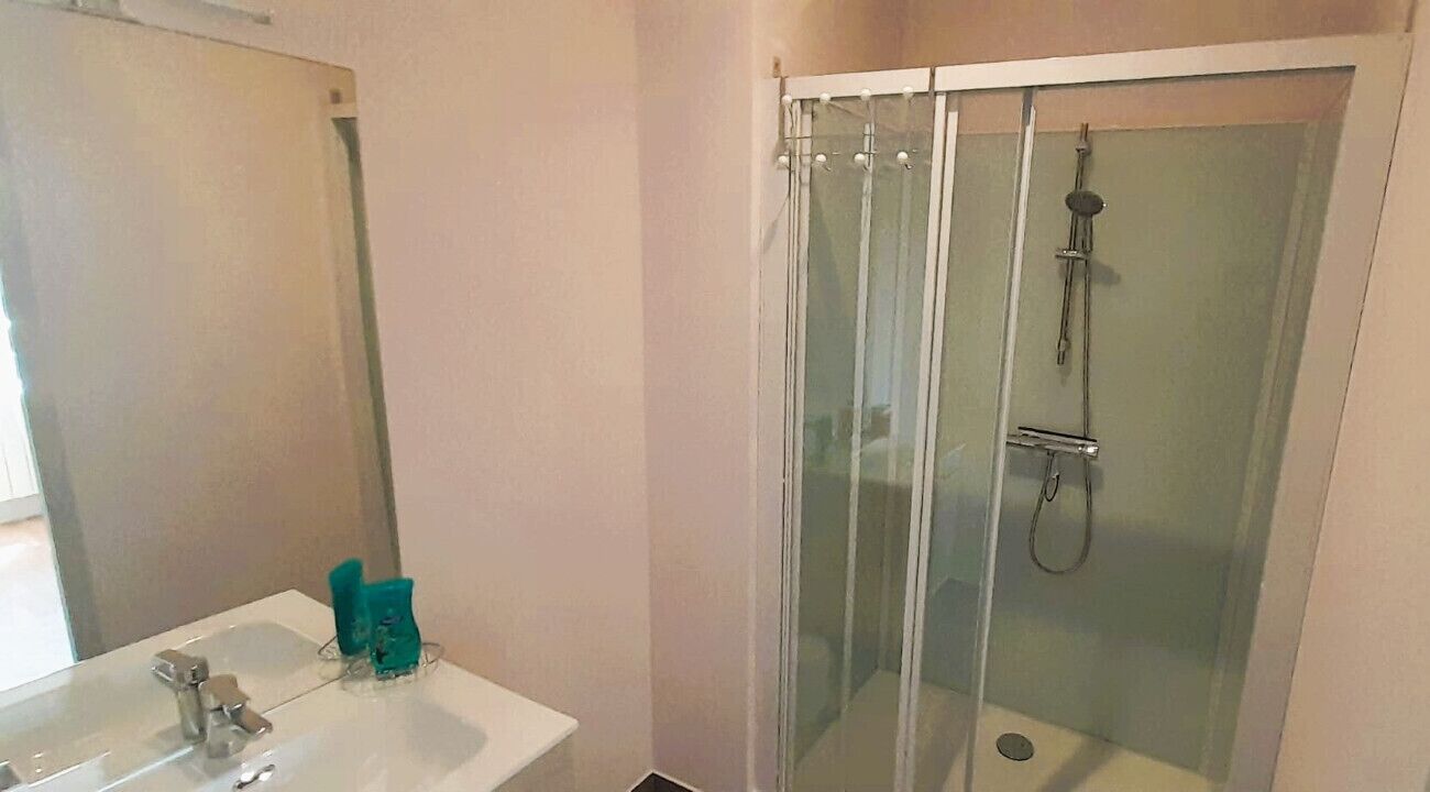Et badeværelse med en glasafskærmet brusekabine, håndvask og spejl.