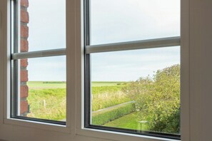 Ein Fenster mit Blick auf ein grünes Feld und eine Backsteimauer.