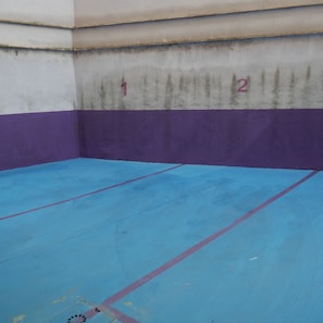 A blue and purple tennis court with numbered lines.