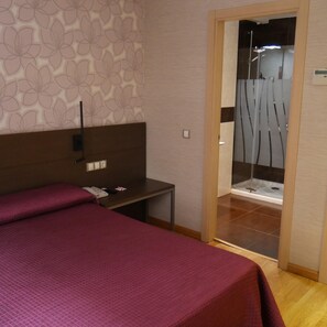Un dormitorio con cama, escritorio y zona de ducha.