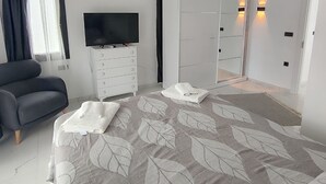 Camera da letto moderna con un letto, una TV, un armadio e un divano.