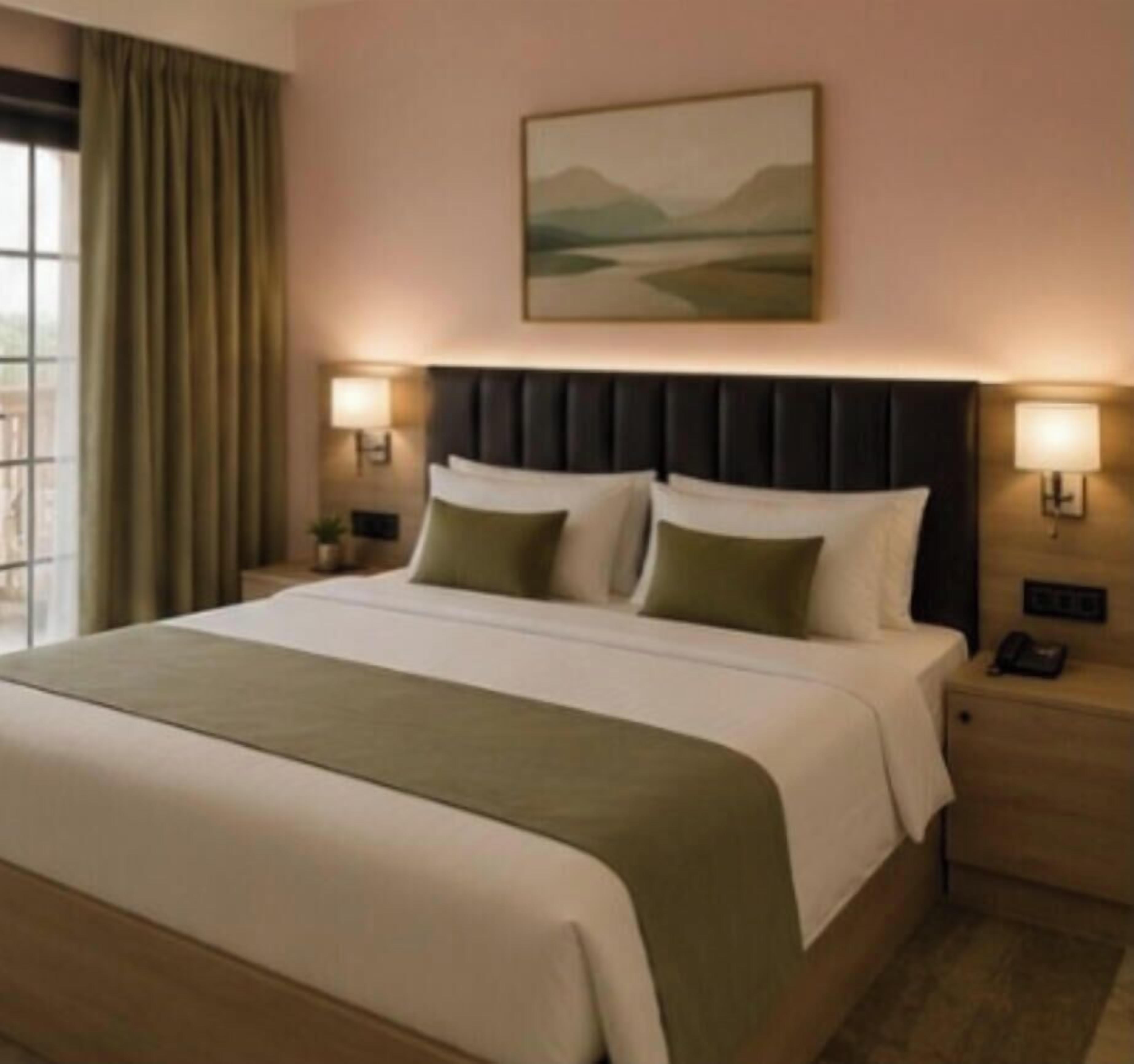 Habitación de hotel con una cama grande, dos lámparas de noche, una mesita de noche y un cuadro en la pared.