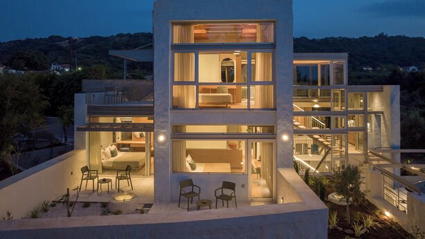 A modern multi-story house with a balcony, large windows, and a staircase. - Anassa House with Rooftop Jacuzzi (Apokoronas)