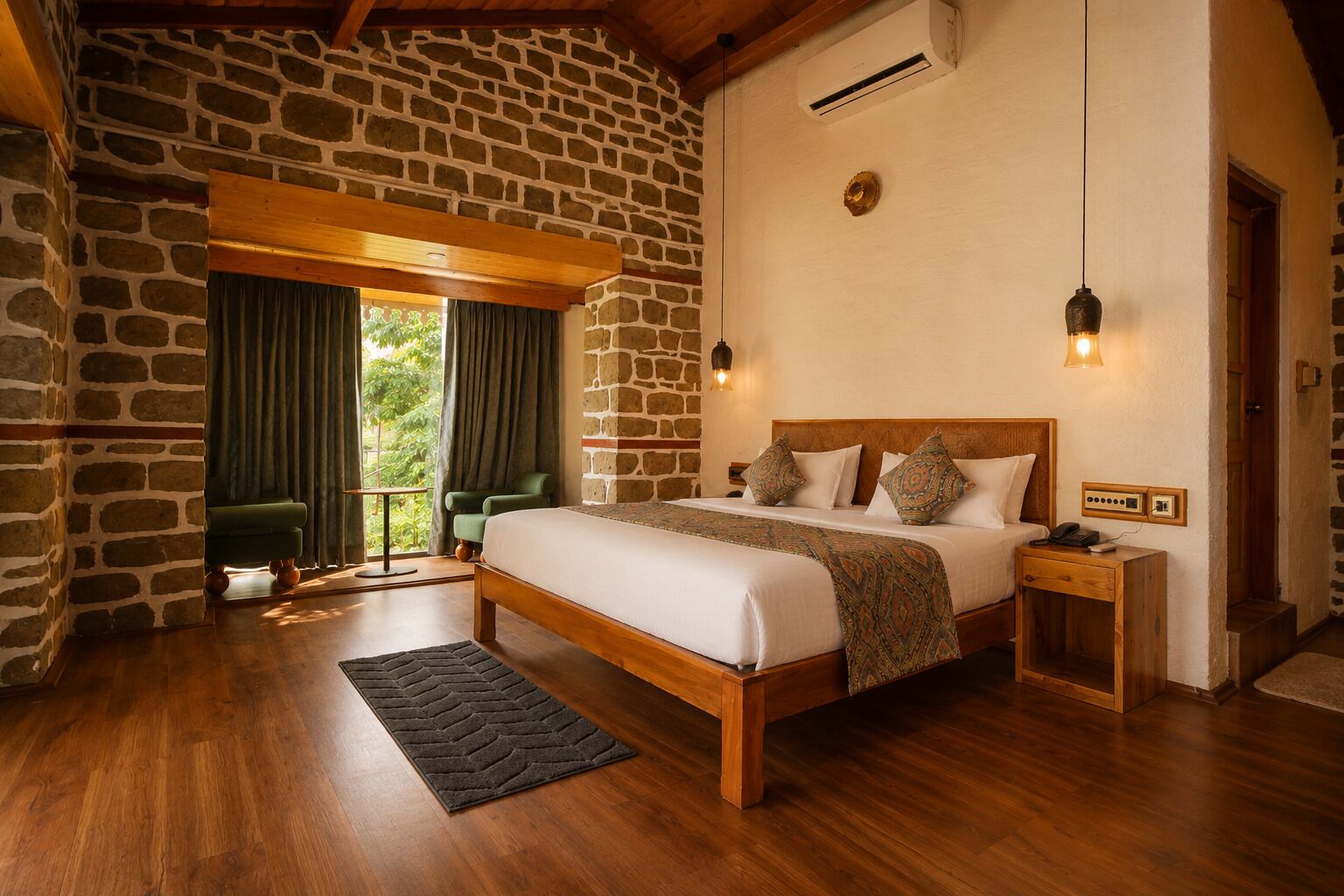 Een slaapkamer met een stenen muur, een houten bedframe en uitzicht op groen.