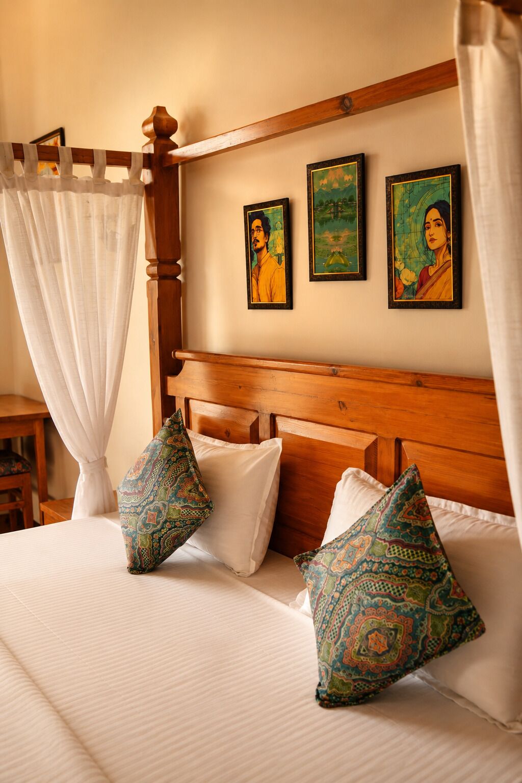 Ein Bett mit weißen Laken, zwei Kissen mit Muster und ein Holzkopfteil. An der Wand hängen drei gerahmte Kunstwerke.