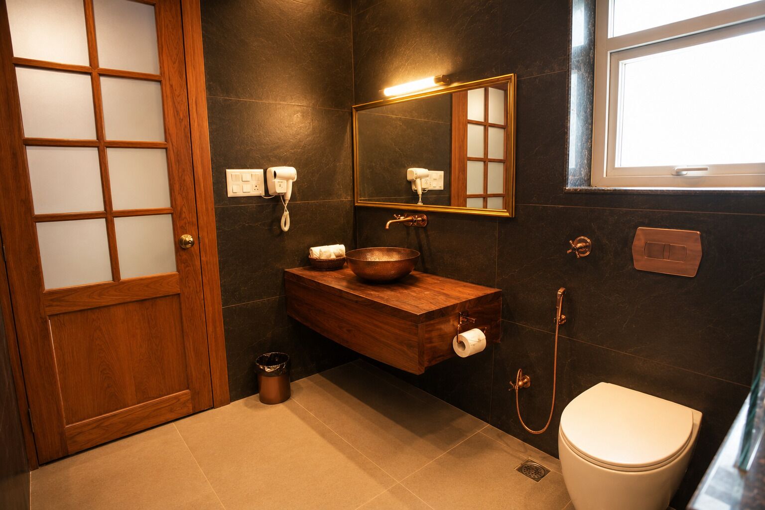 A bathroom with a wooden vanity, a sink, a mirror, a toilet, and a shower.