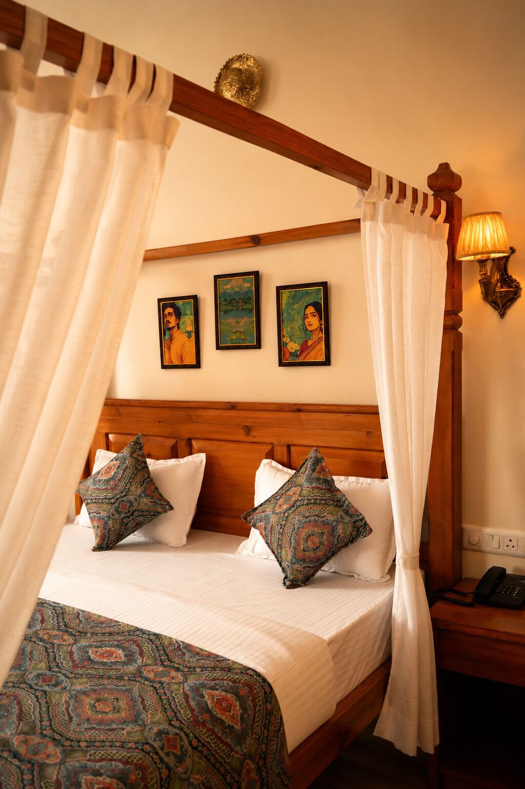 A four-poster bed with a canopy, a wooden headboard, and a patterned bedspread. There are three framed artworks on the wall above the bed.