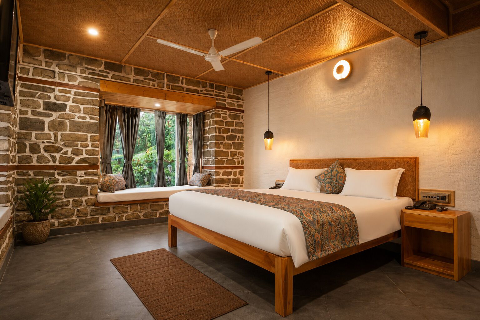 Une chambre avec un mur en pierre, un lit avec une tête de lit en bois, une table de chevet, une lampe de chevet, un ventilateur de plafond et une fenêtre avec des rideaux.