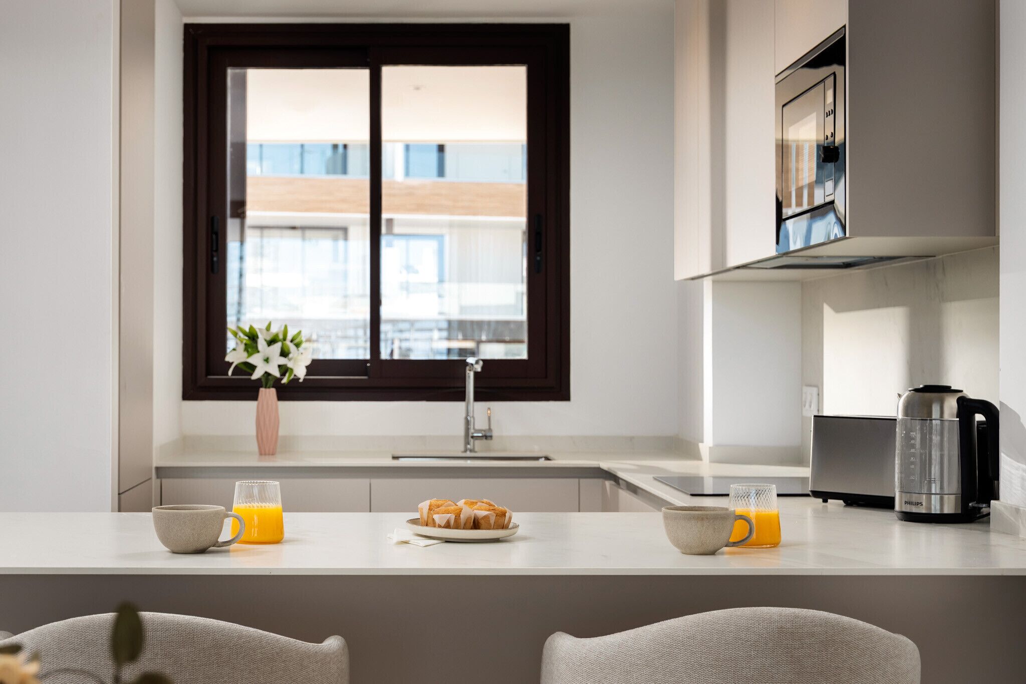 Coffee/tea maker, fridge, microwave, oven