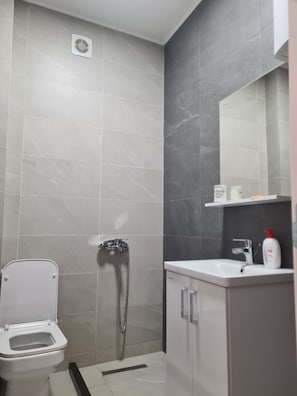 Une salle de bain Ă©quipĂ©e de toilettes, dâune douche, dâun lavabo et dâun miroir.