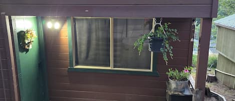 A house with a covered porch, a green door, and a window with a curtain.