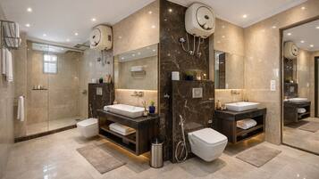 Shower, free toiletries, hair dryer, slippers