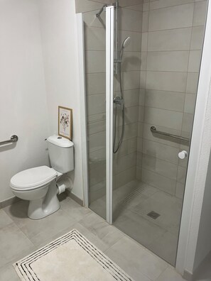 Chuveiro, secador de cabelo, toalhas de banho, papel higiênico