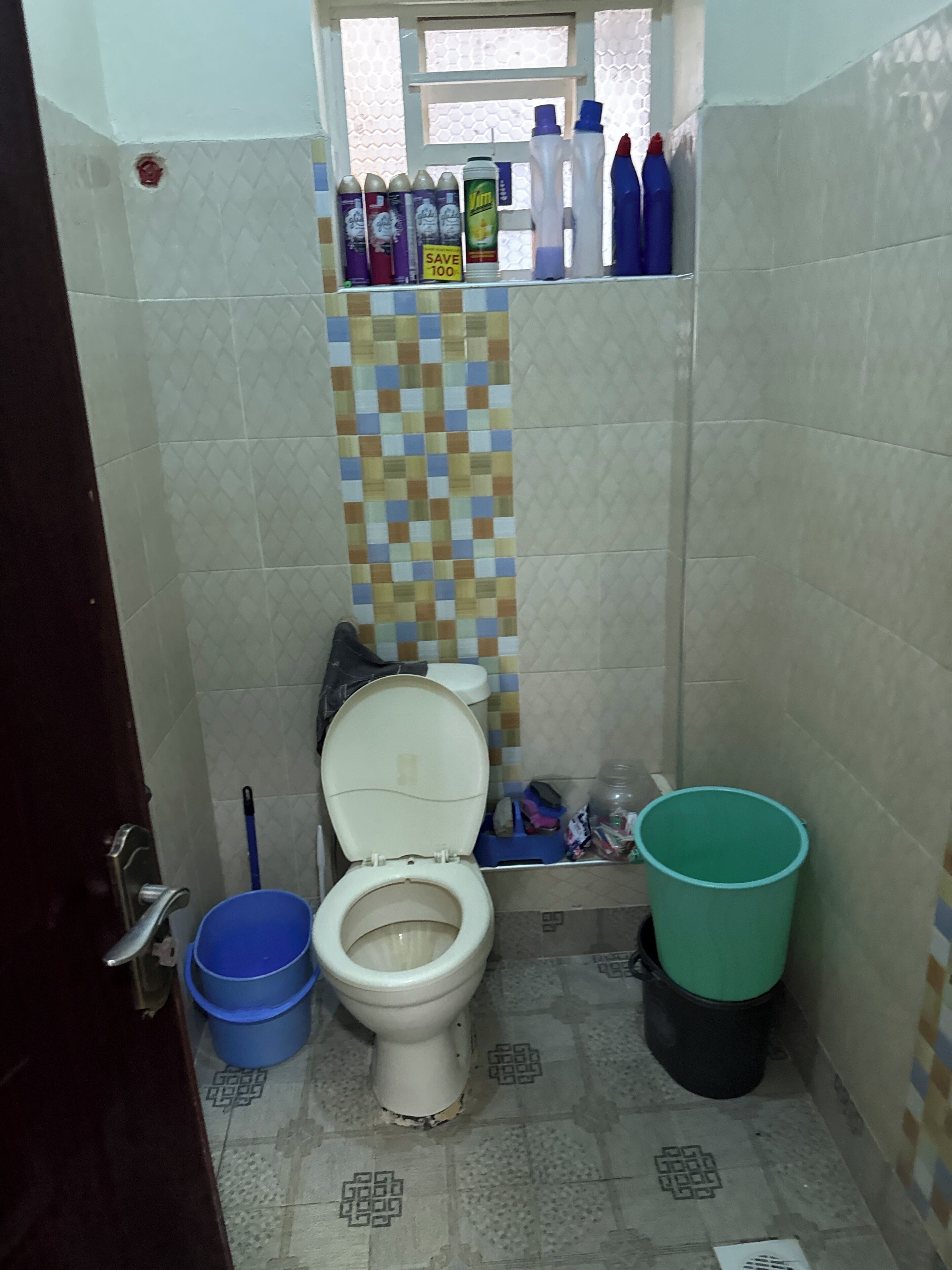 Casa de banho pequena com sanita, um balde azul, um lixo verde e produtos de limpeza numa prateleira.
