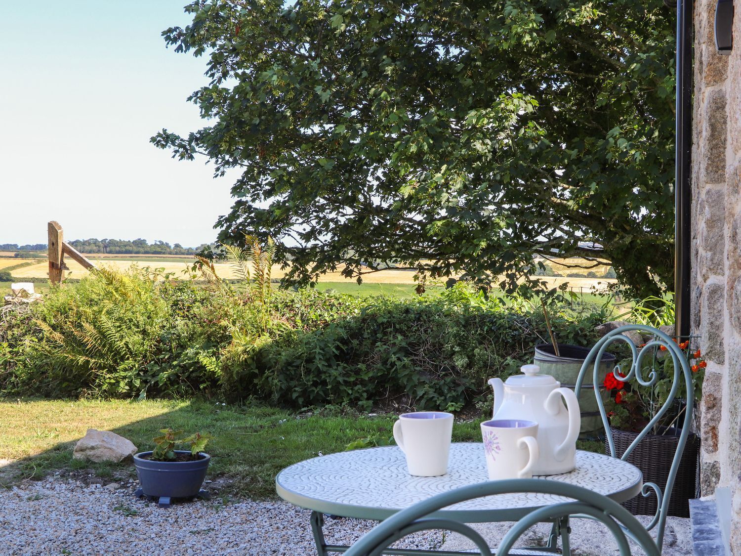 Une terrasse de jardin avec une table et des chaises, un pot de fleurs et une vue sur la campagne.