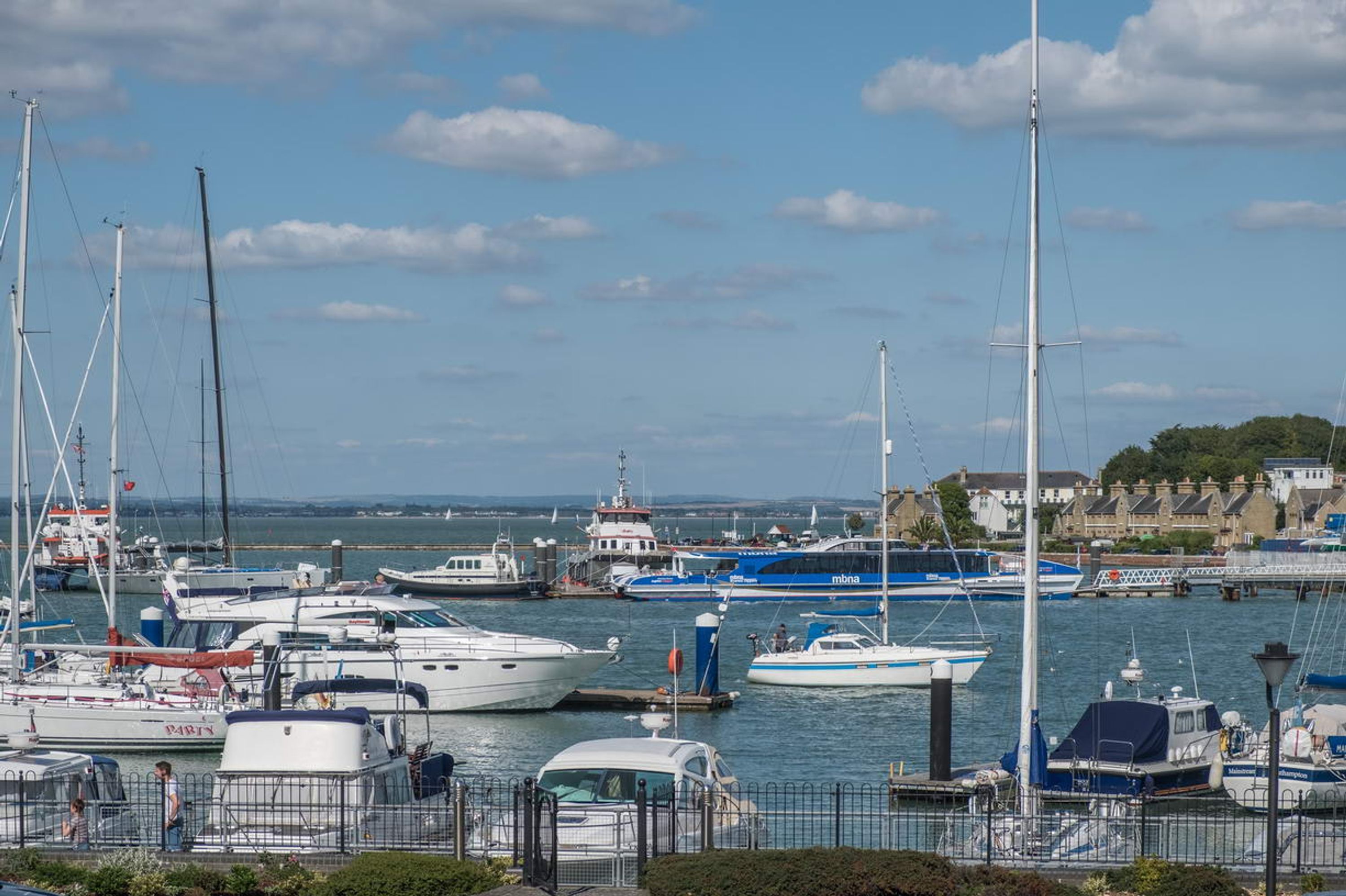 A marina with various boats docked, a clear sky, and a distant view of a town with buildings.