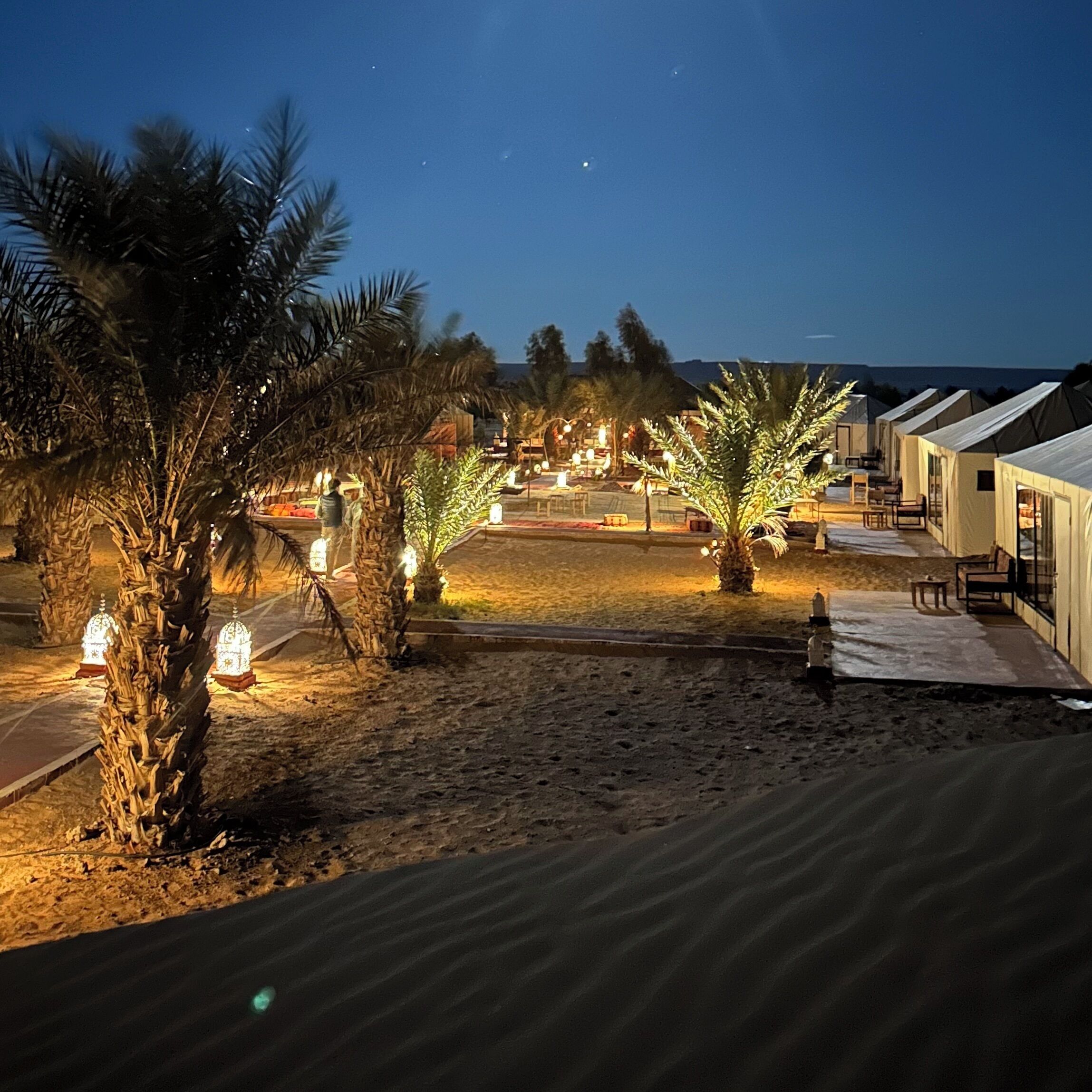A desert resort with tents, palm trees, and outdoor seating areas.