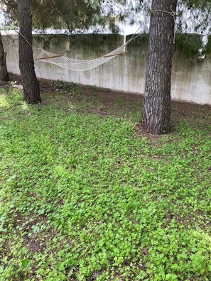 A hammock tied between two trees in a grassy area with a concrete wall in the background. - Villa ferruccio (Scala di Furno)
