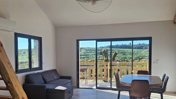 A modern living space with a sofa, dining table, chairs, and large windows offering a view of a lush landscape. - Quiet house in the mountains (Montselgues)