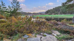 Et naturligt landskab med en sø, træer og en bygning i det fjerne.