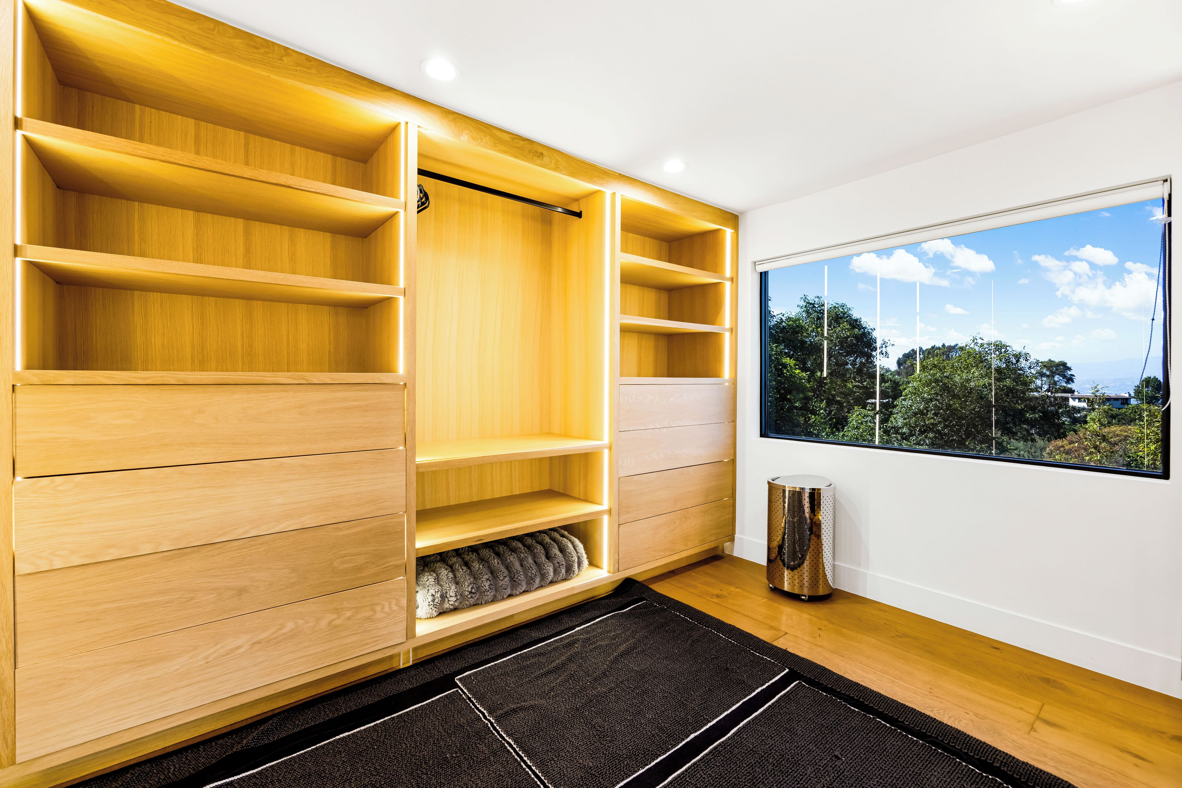 A walk-in closet with multiple shelves and drawers, a large window with a view of greenery and buildings, and a black rug on the floor.