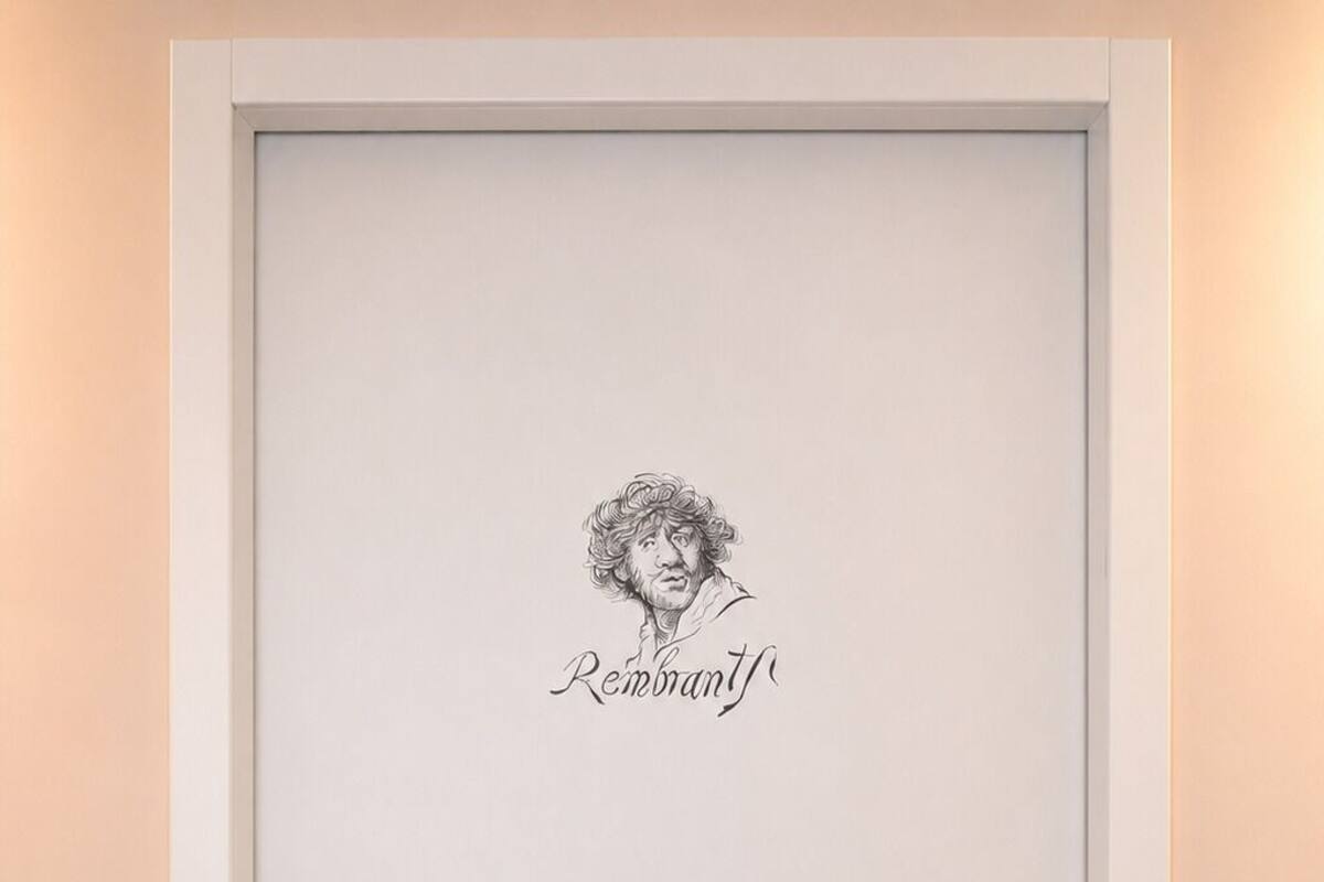 A white door with a keyhole and a keyring, featuring a drawing and the word 'Rembrandt' above it.